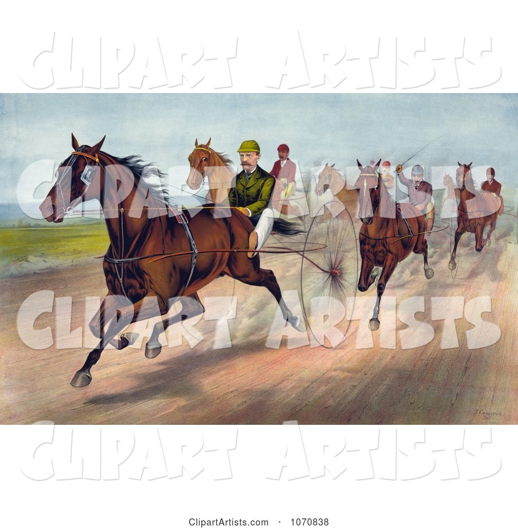 Group of Men Racing Horses with Dust Rising on the Track