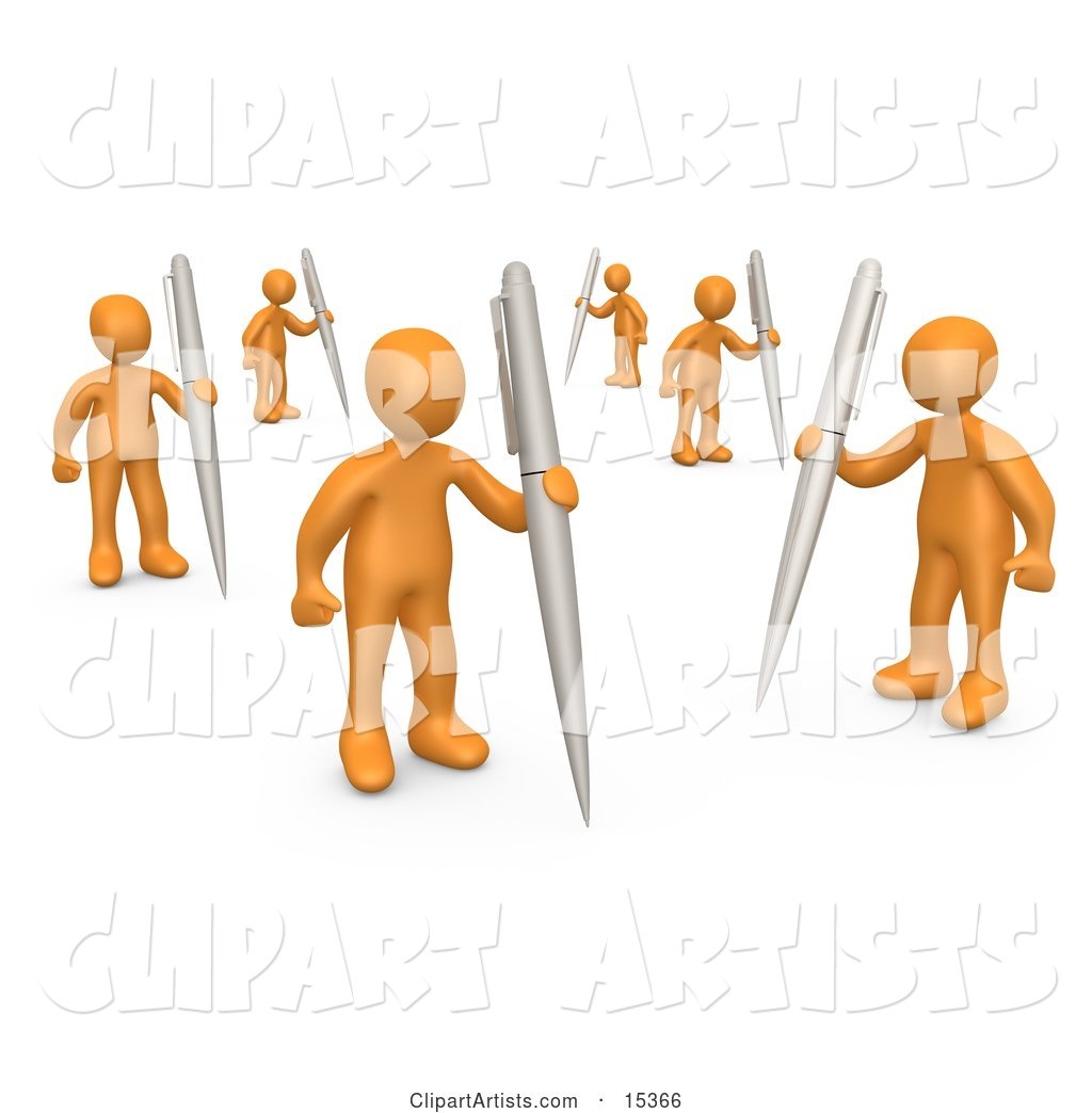 Group of Orange People Holding Their Own Pens As a Metaphor for Writing in a Community Forum