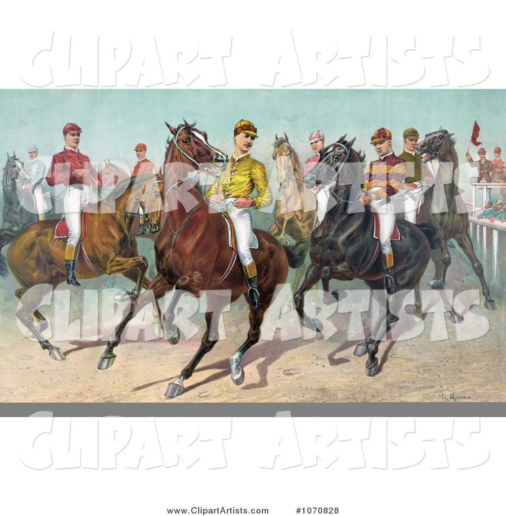 Group of Seven Jockeys on Horseback, Ready for a Race