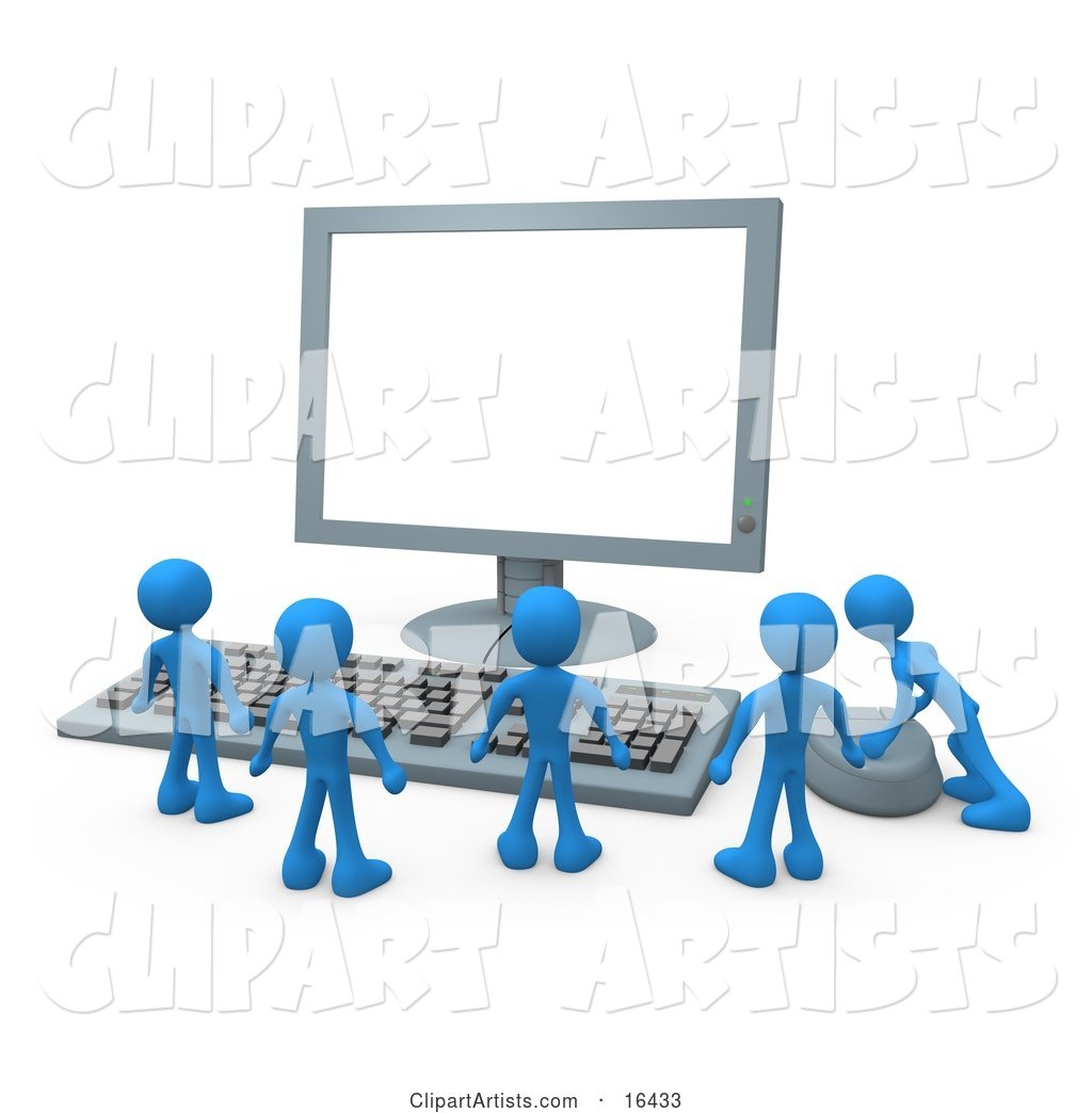 Group of Tiny Blue Employees Standing in Front of a Computer Keyboard and Looking up at a Flat Screen Lcd Monitor Screen While One Person Operates the Mouse