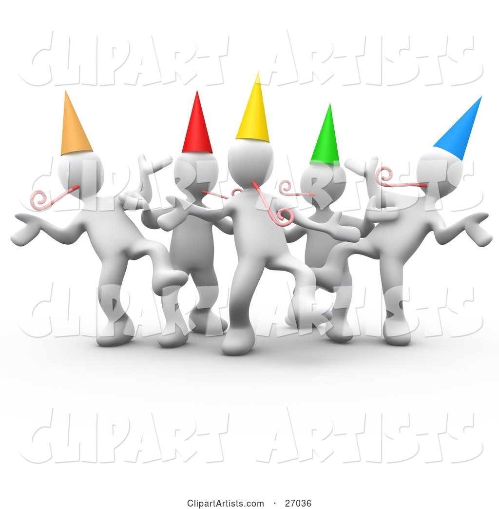 Group of White People Wearing Party Hats and Blowing Noise Makers While Dancing at a Birthday or New Years Eve Party