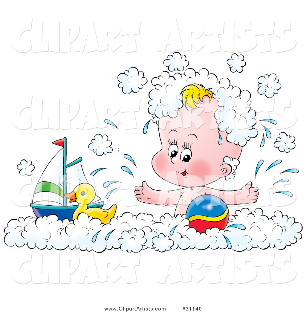 Happy Baby Splashing and Playing with a Toy Boat, Rubber Ducky and Ball in a Bubble Bath