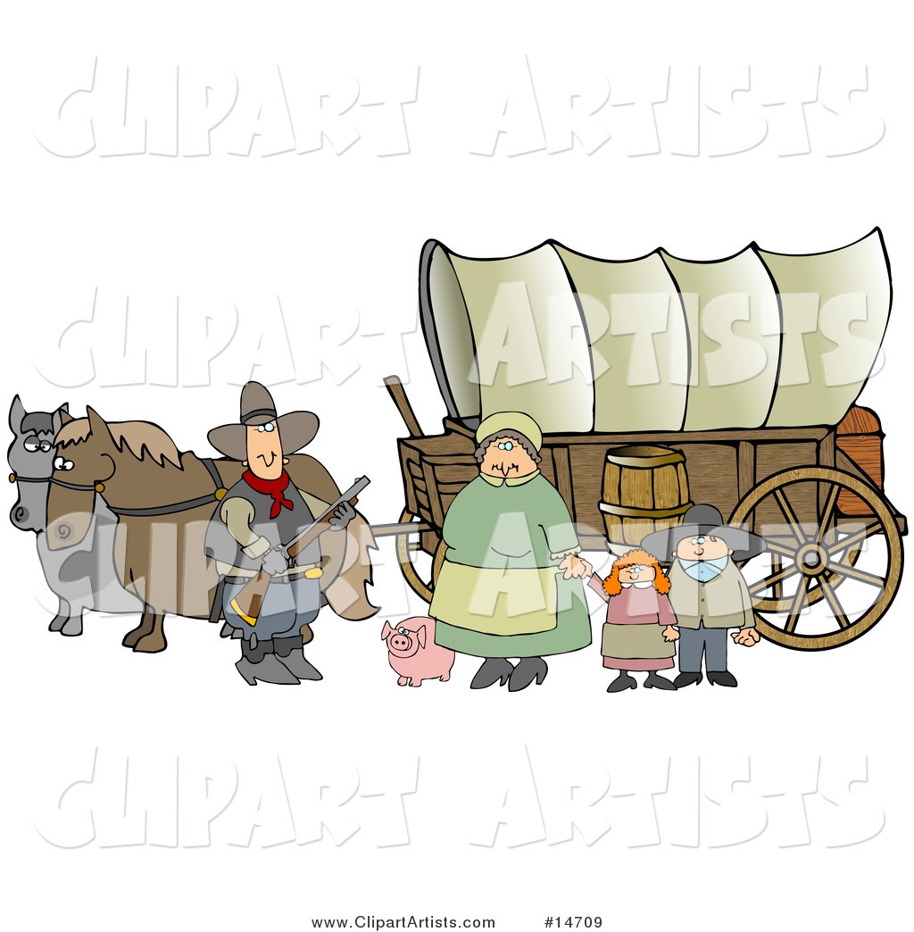 Historical Family of Pioneers Standing with Their Pig in Front of Two Horses Pulling a Covered Wagon Along the Oregon Trail