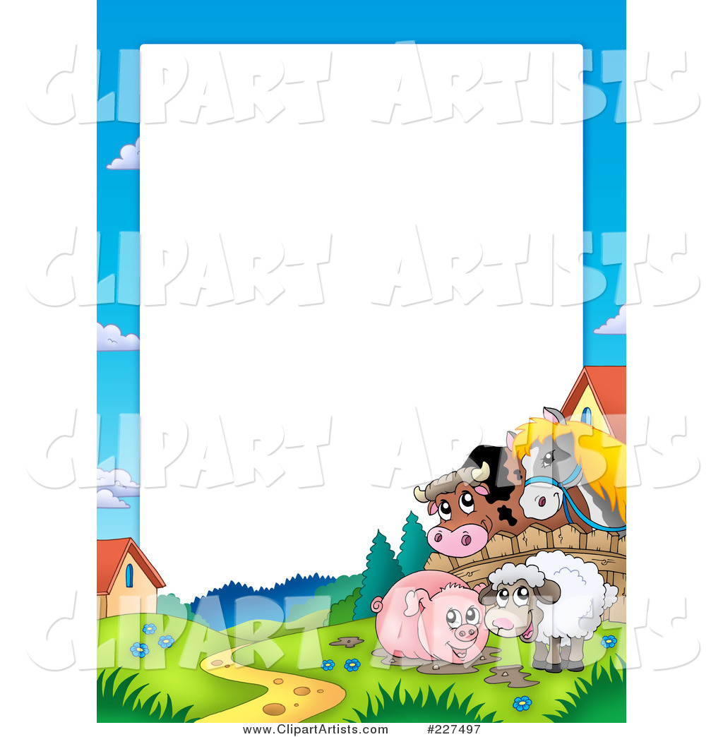 Horse and Cow Looking over a Fence at a Pig in Mud and Sheep Border Frame