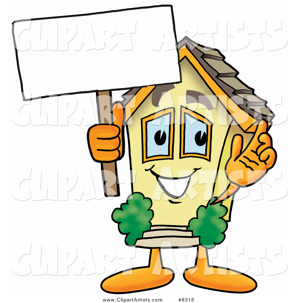 House Mascot Cartoon Character Holding a Blank Sign