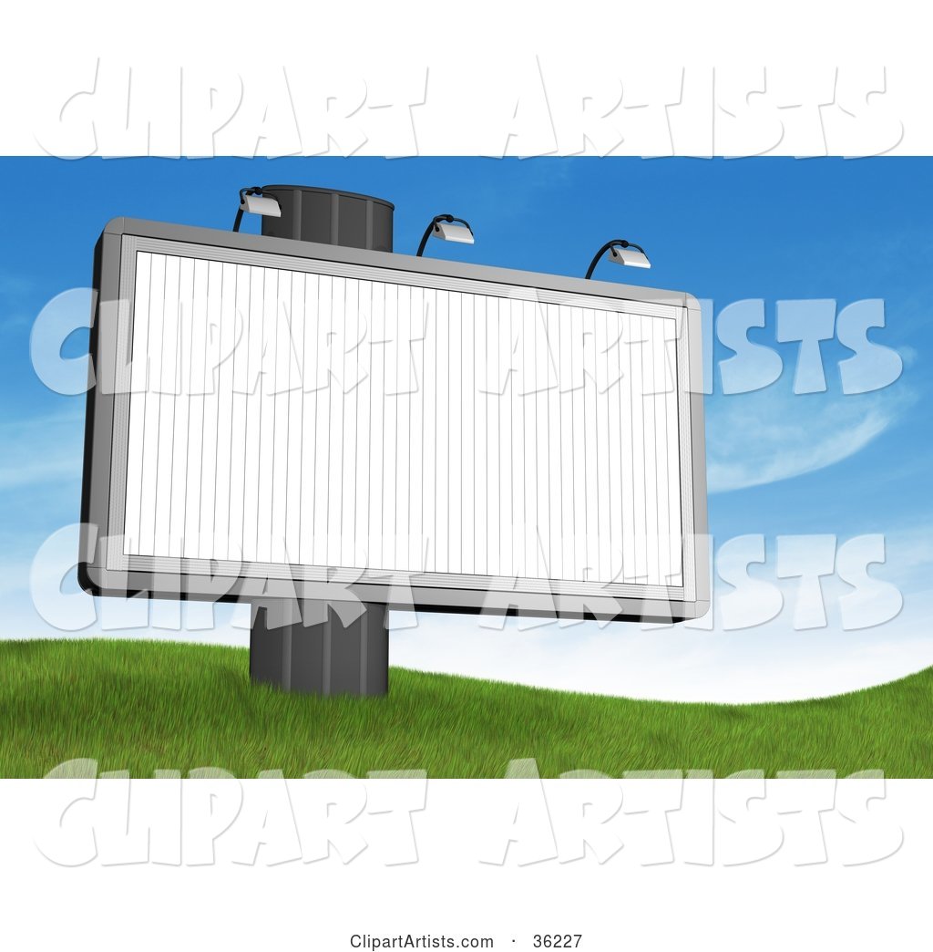 Large Blank Billboard Sign on a Post at the Top of a Grassy Hill, Against a Sky Background