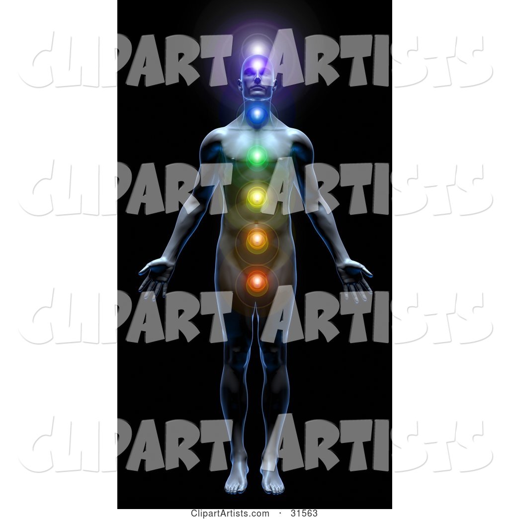 Male Body with All Seven Chakras Activated and Illuminated, Symbolizing Peace, Self, Health and Meditation