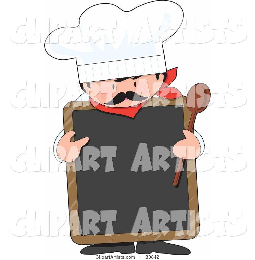 Male Chef with a Mustache, Wearing a Hat and Holding a Wood Spoon While Pointing to a Blank White Chalkboard