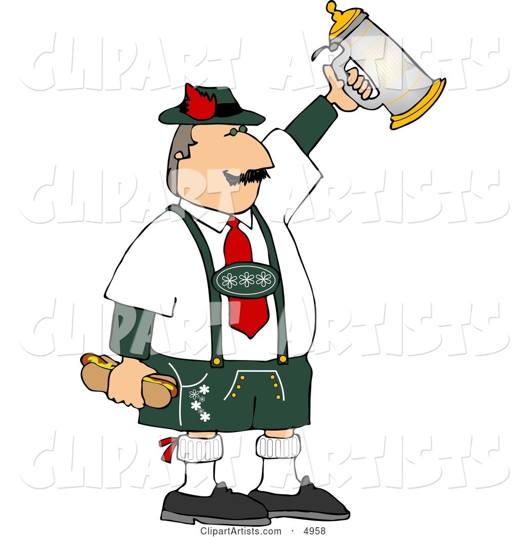 Man Celebrating Oktoberfest with a Beer Stein and Hot Dogs