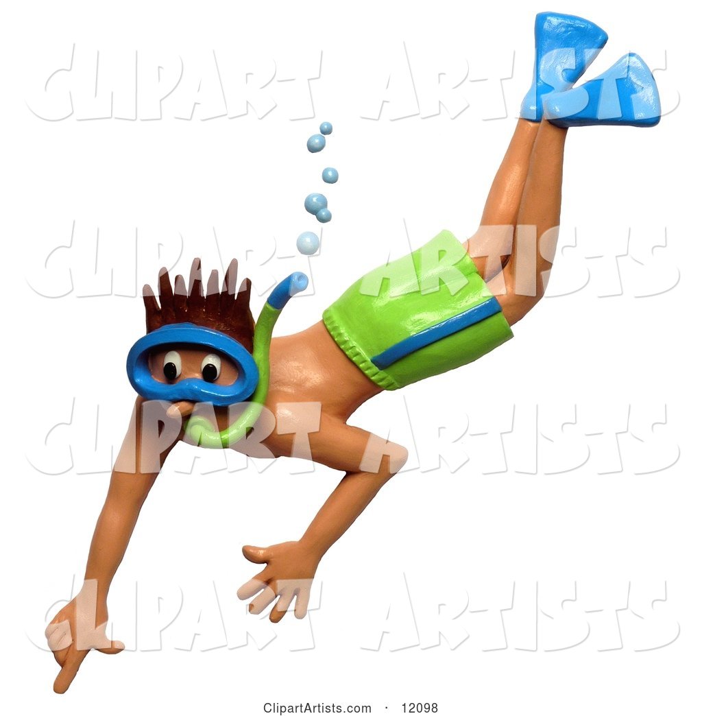 Man Snorkeling in Green Shorts Pointing