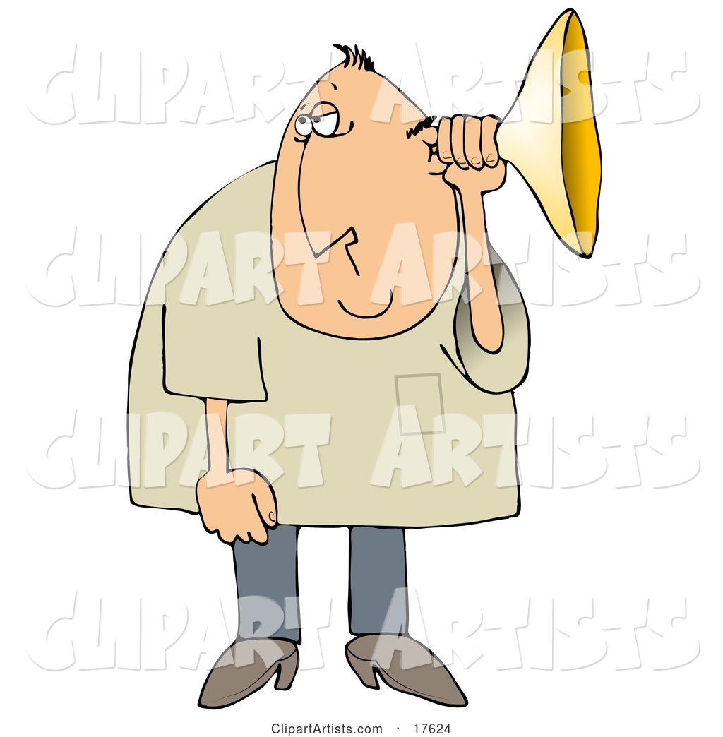 Middle Aged Caucasian Man Holding an Ear Horn or Ear Trumpet to His Ear to Amplify His Hearing
