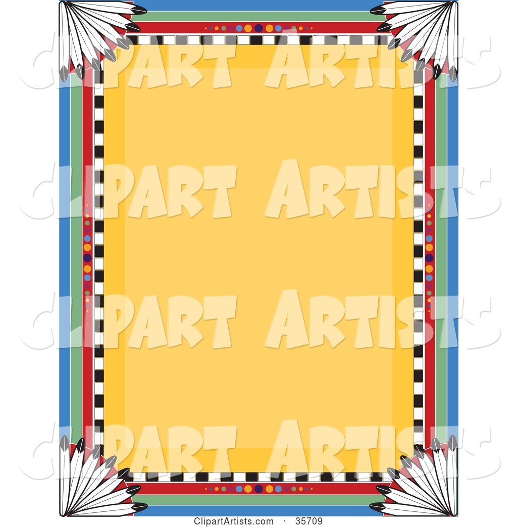Native American Border over a Yellow Background with Feathers in the Corners