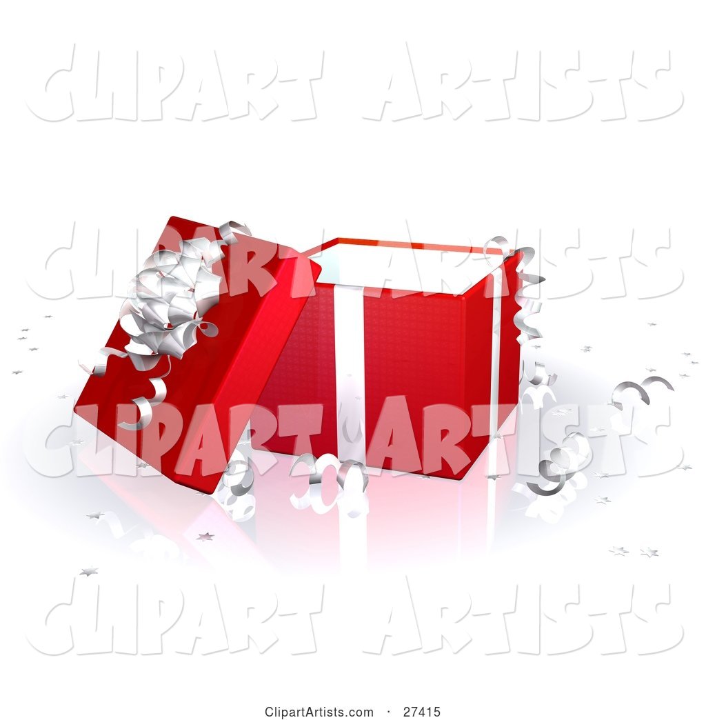 Open Red Gift Box with Silver Ribbons and a Bow