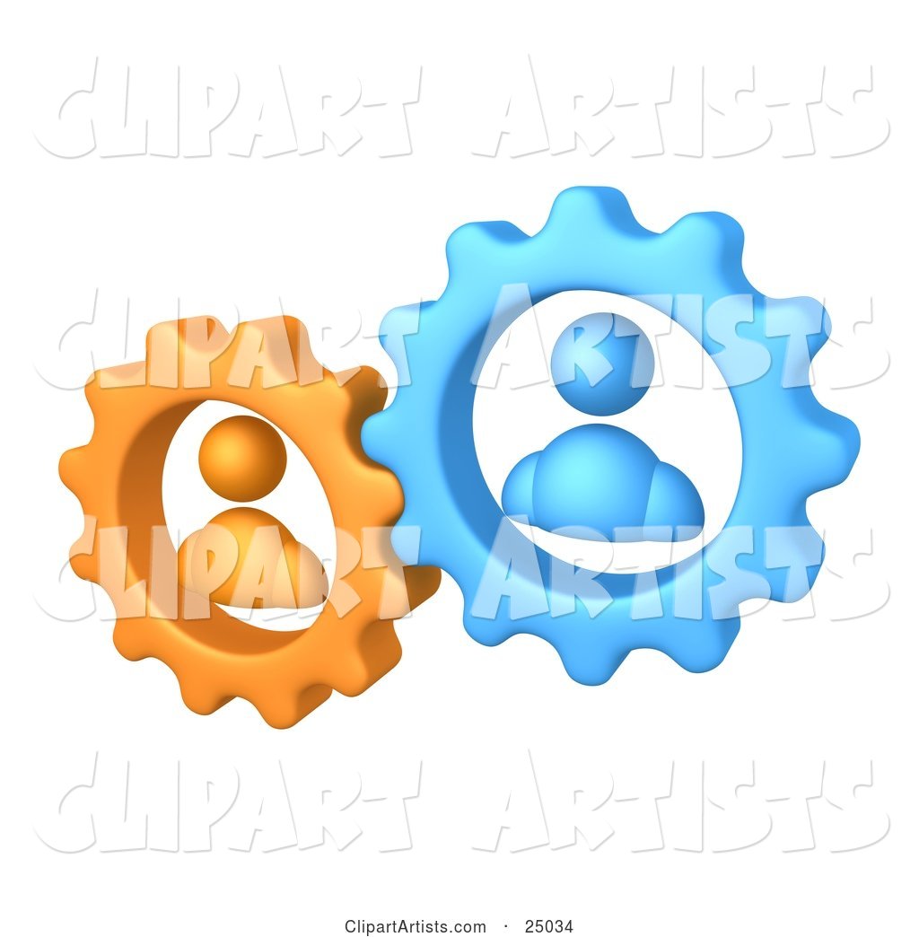 Orange and Blue People Inside Gears, Working Together to Solve a Problem