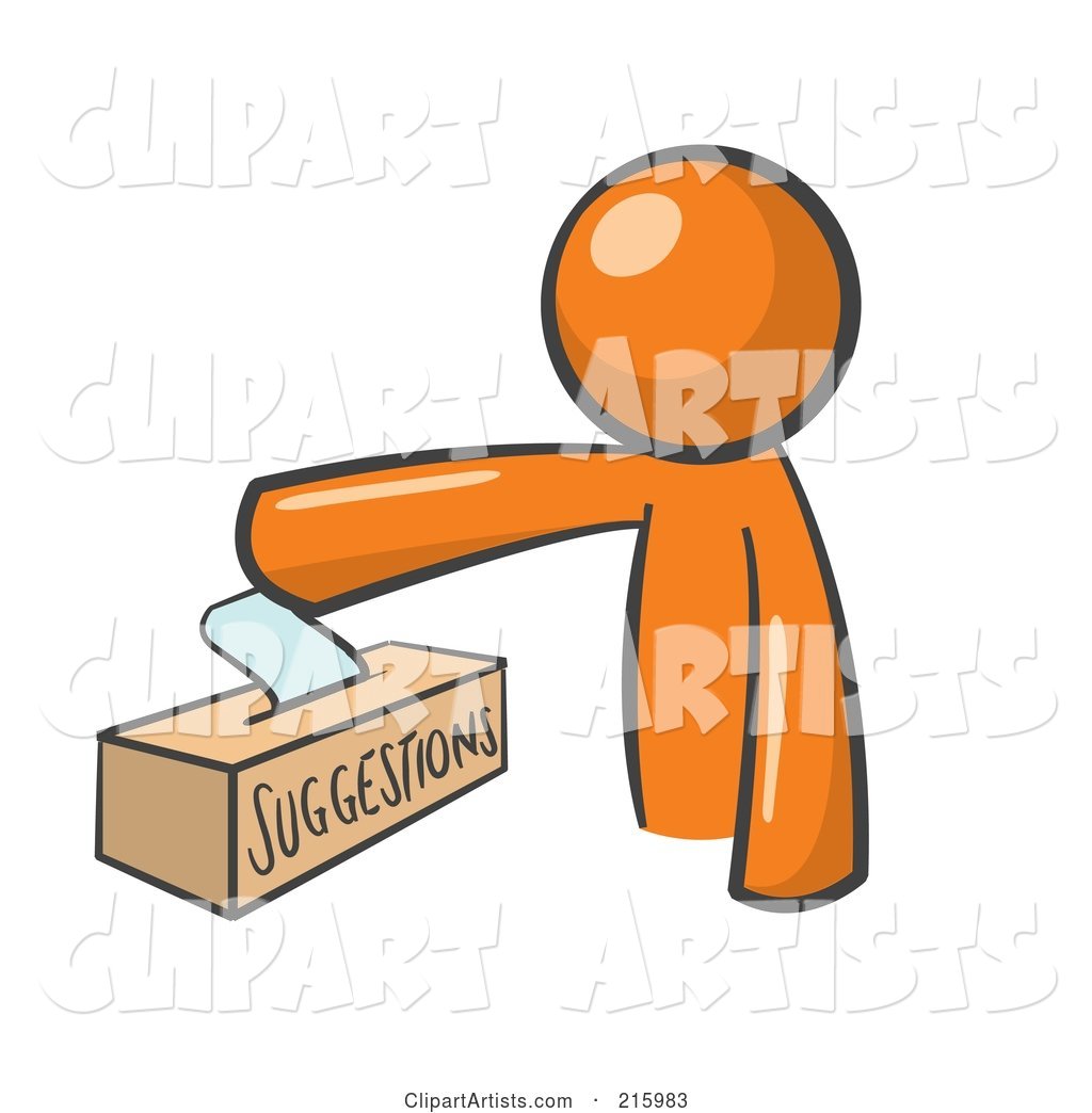 Orange Man Design Mascot Inserting a Suggestion Note into a Box