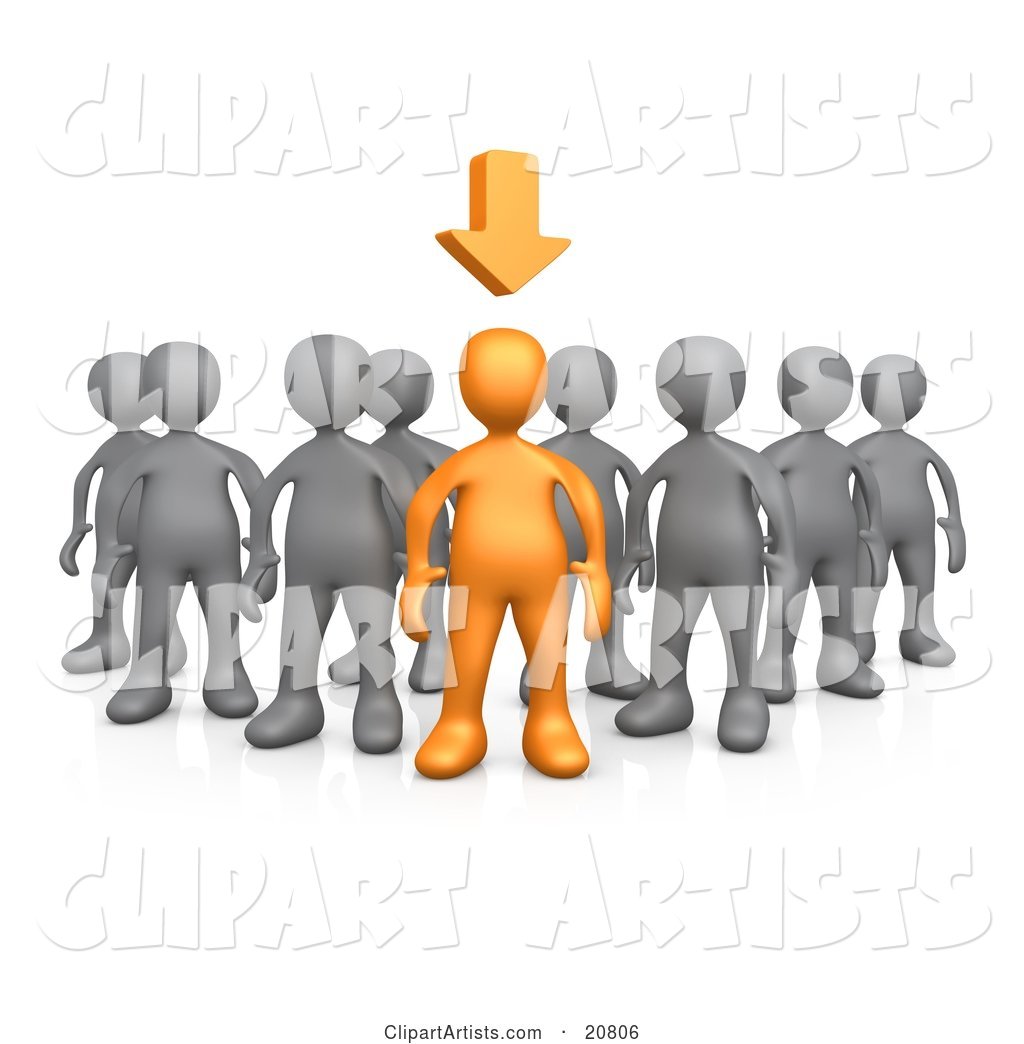 Orange Person Leading a Group of Gray People, an Arrow Above His Head