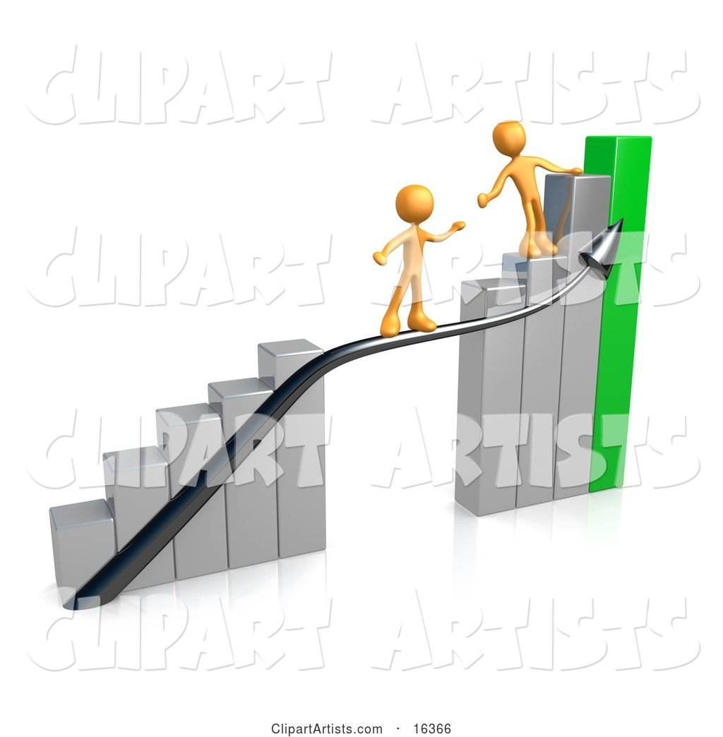 Orange Person Standing on a Silver and Green Bar Graph Chart, Reaching Back to Assist Another Person up to the Top