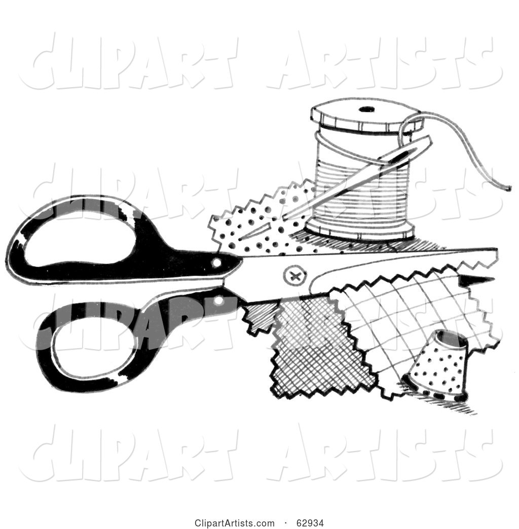 Pair of Sewing Scissors with Patches and Thread