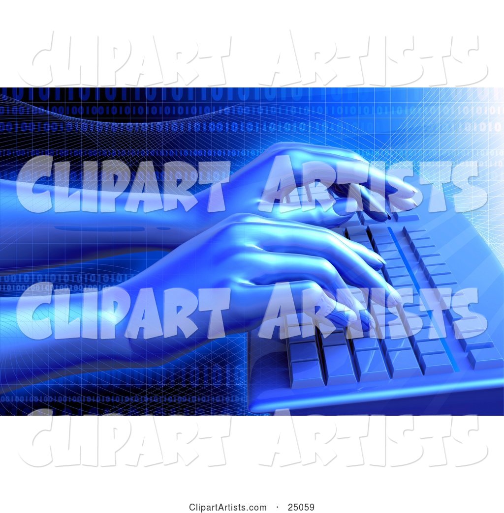 Pair of Virtual Hands Typing on a Blue Computer Keyboard, over a Grid Background with Binary Coding