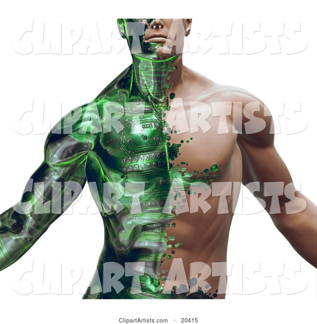 Part Man, Part Robot Muscular Guy with Green Circuits Covering His Skin