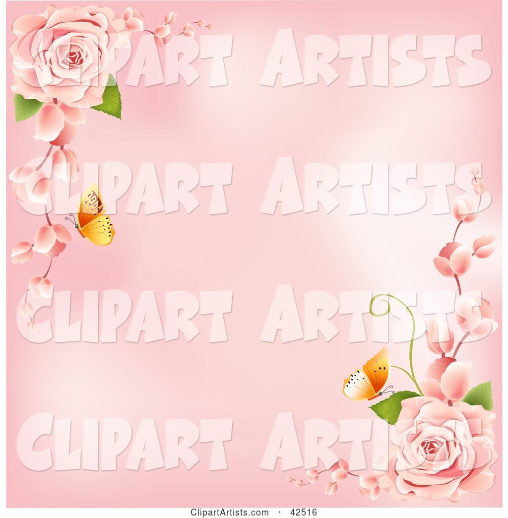 Pink Background with Butterflies and Pink Roses in the Corners