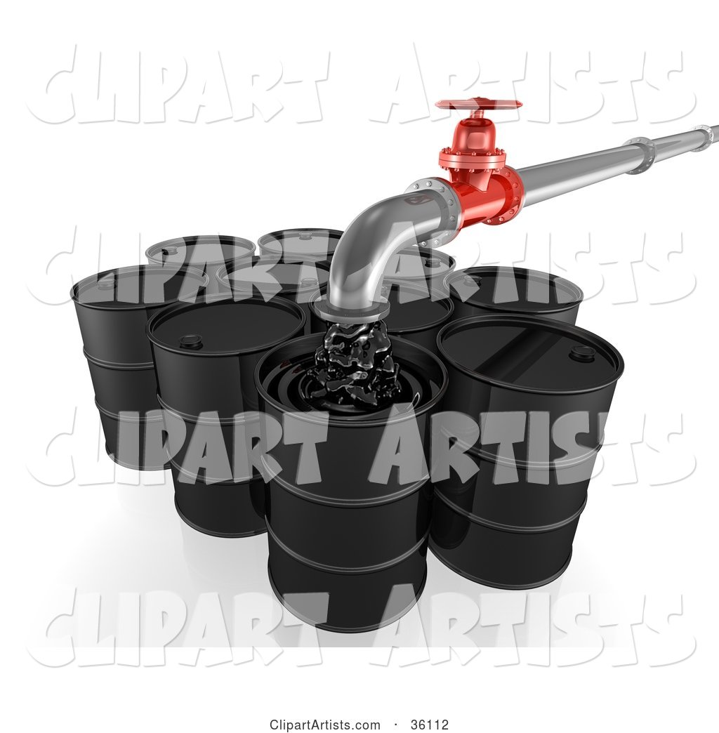 Pipe Pouring Oil into Black Barrels