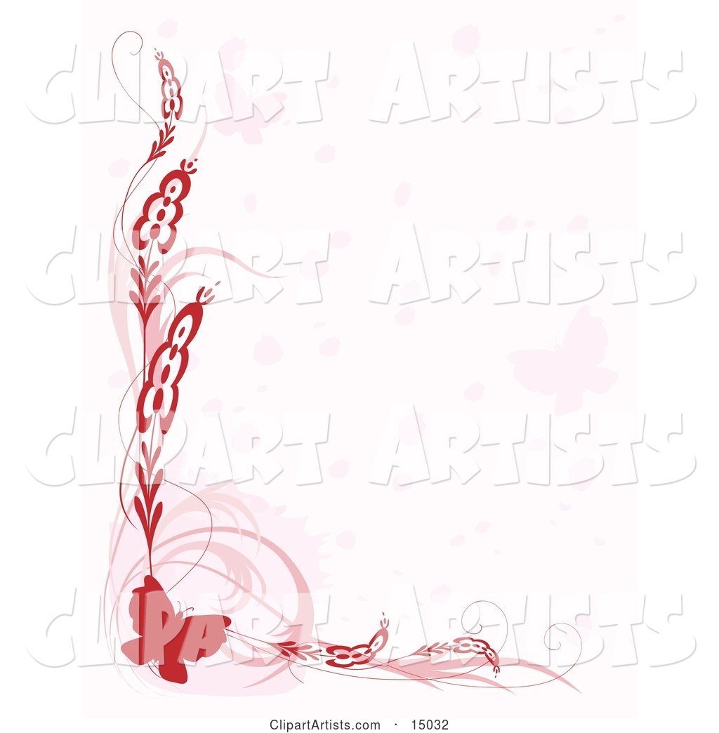 Pretty Red Butterfly Border with Plants and Faded Butterflies over White, Which Would Be Great for Stationery