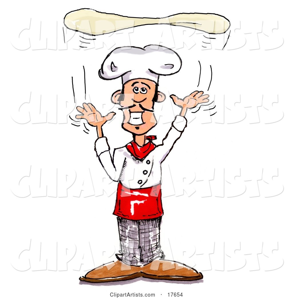 Proud Male Chef Hand Tossing Pizza Dough up into the Air While Cooking in a Pizzeria