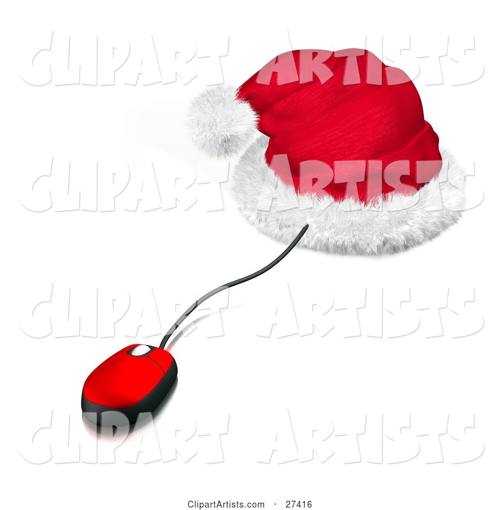 Red and Black Corded Computer Mouse Sticking out of a Santa Hat, Symbolizing Christmas Shopping Online