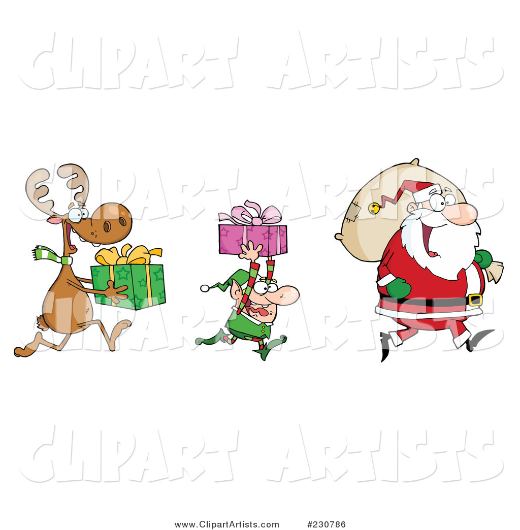 Reindeer and Elf Carrying Christmas Presents Behind Santa