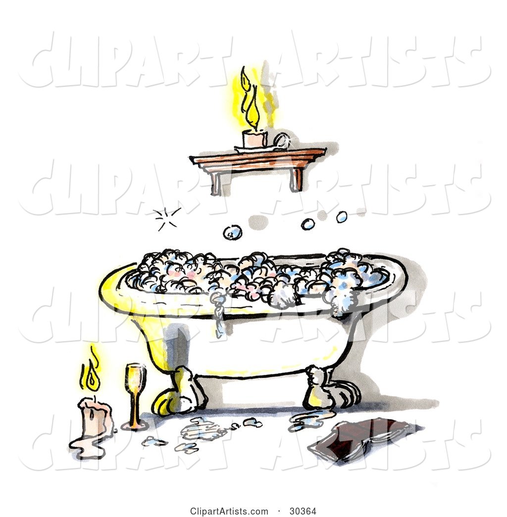 Relaxing Claw Foot Tub with Frothy Bubble Bath, Illuminated in Candlelight with a Book and Glass of Wine