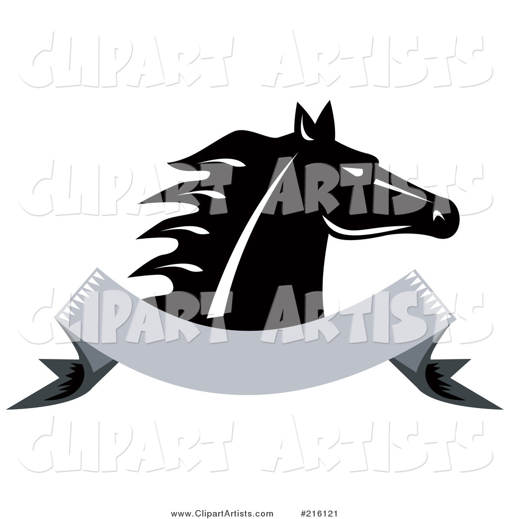 Retro Black and White Horse Head over a Blank Banner