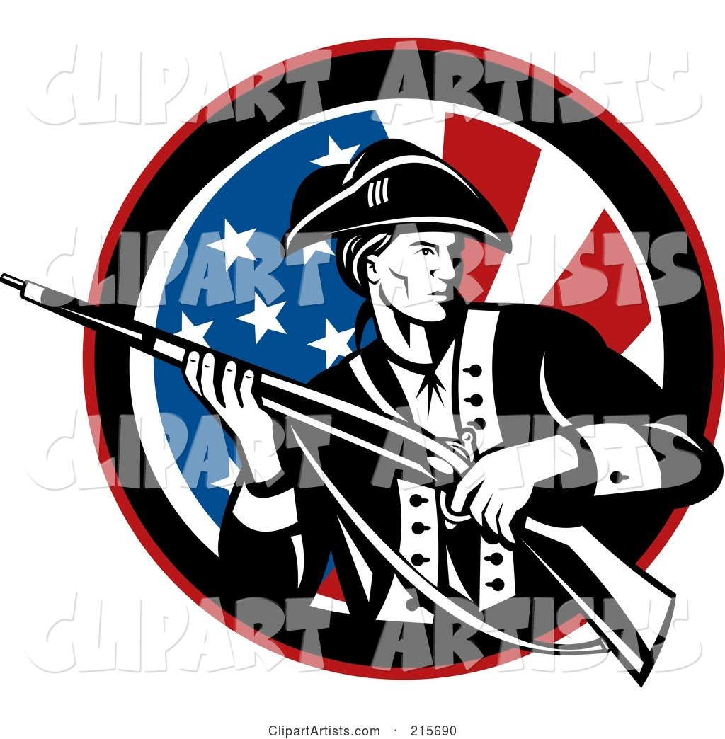 Revolutionary War Soldier Holding a Rifle over an American Flag Circle