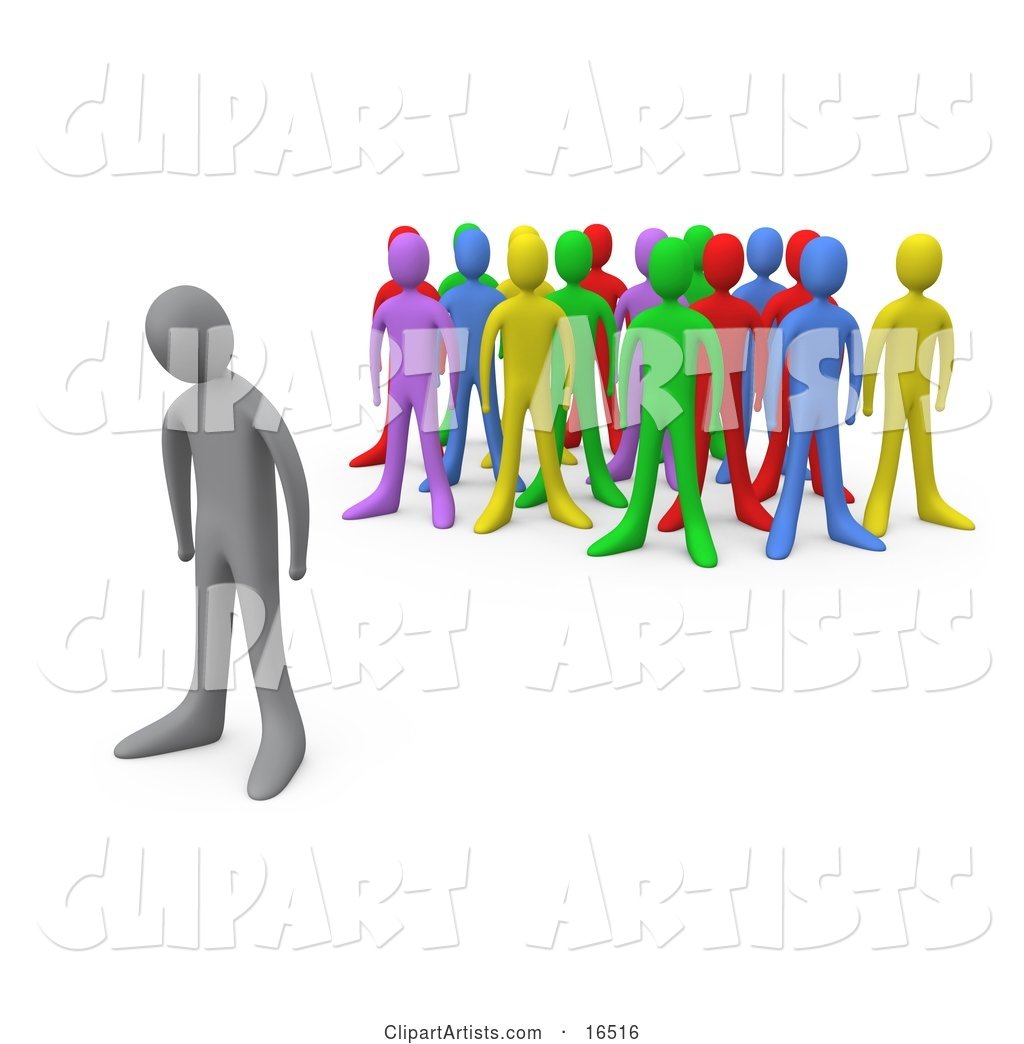 Sad Gray Person Standing Alone near a Crowd of Different Colored People, Symbolizing Depression, Bullying, Standing out from the Crowd, Etc