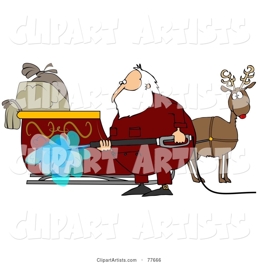 Santa Spraying down His Sleigh with a Pressure Washer