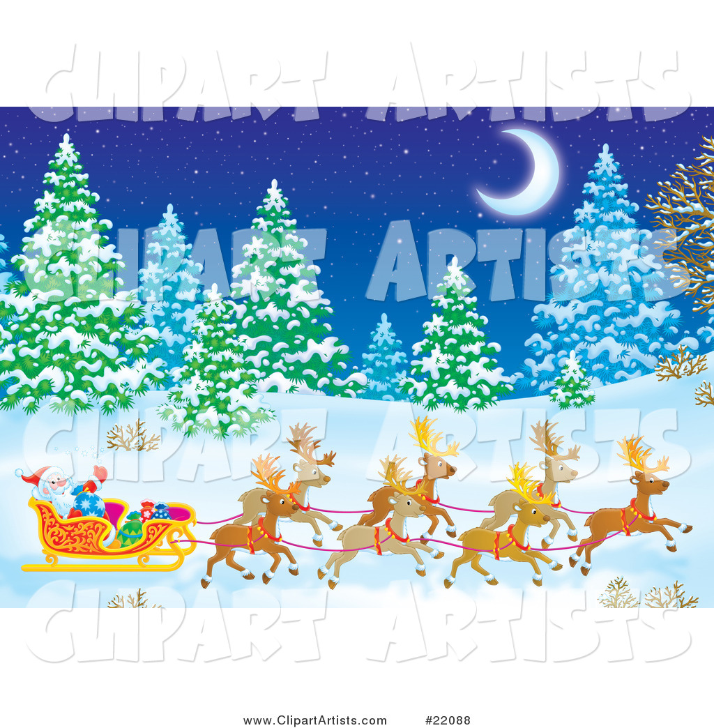 Santa's Reindeer Pulling St Nicholas and Presents in a Sleigh Through a Forest of Snow Flocked Evergreen Trees Under a Crescent Moon on a Snowy Winter Night