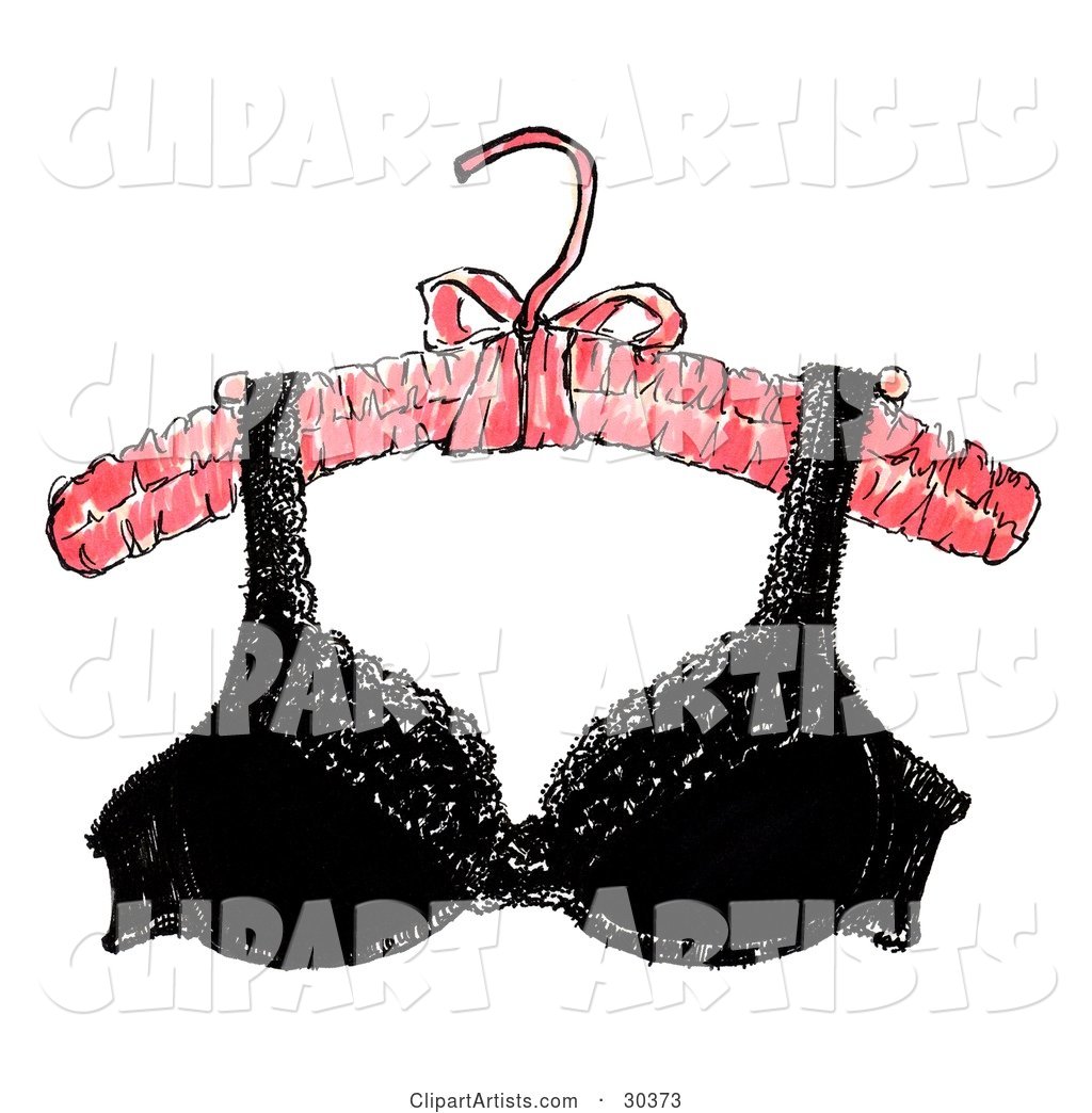 Sexy, Black, Lacy Brassiere Hanging from a Padded Pink Hanger