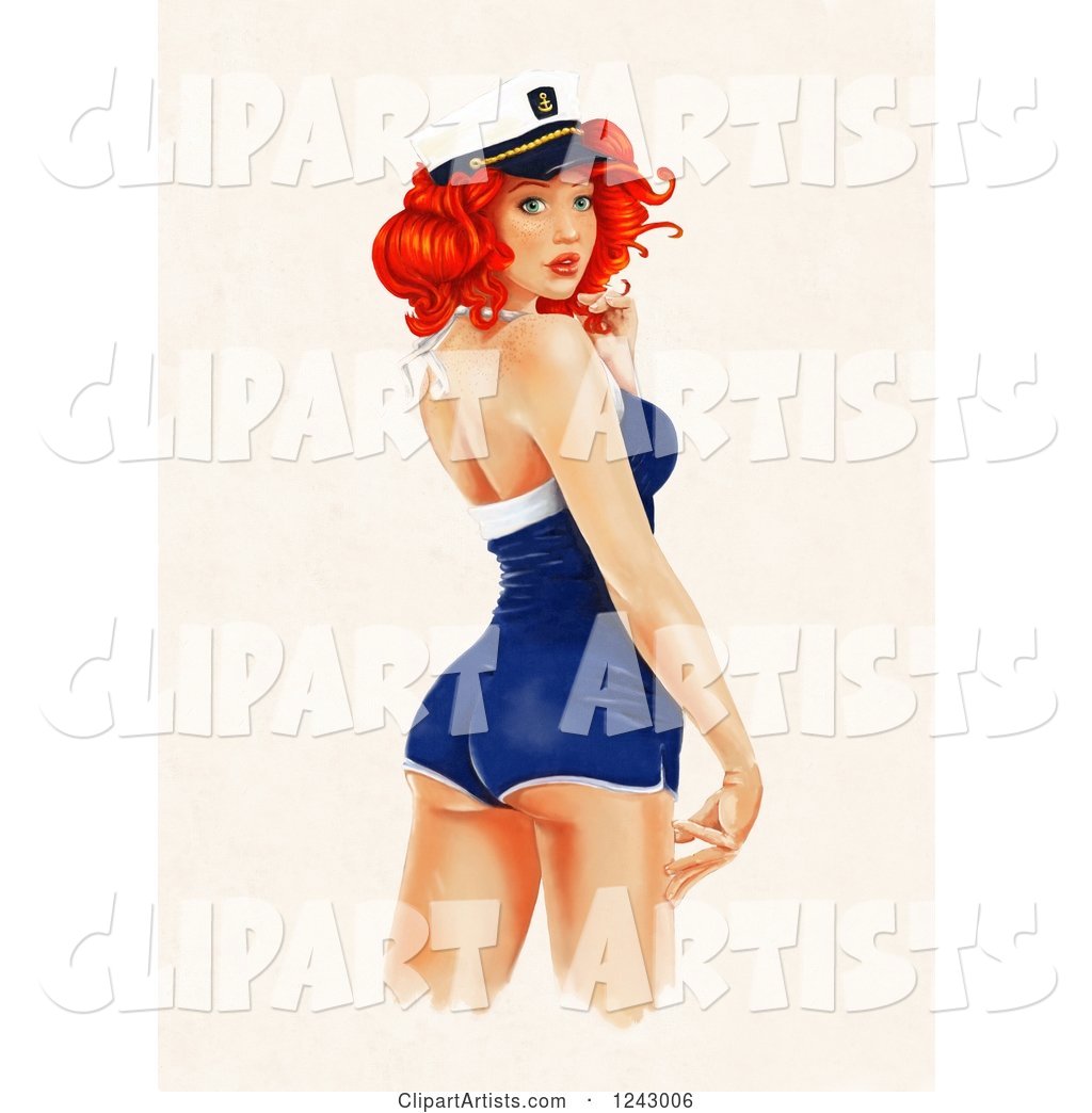 Sexy Red Haired Sailor Girl Pinup Looking Back over Beige