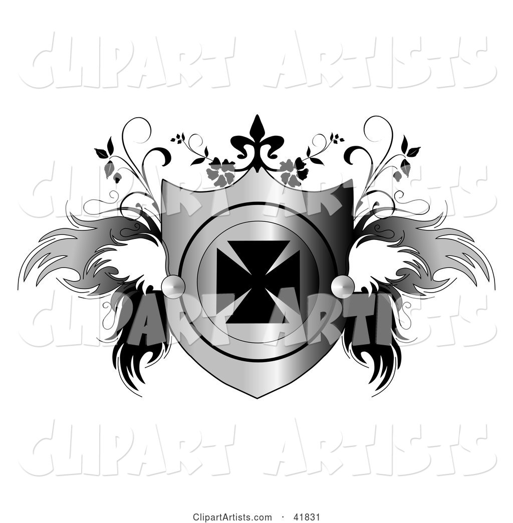 Shiny Heraldic Shield with an Iron Cross and Feathery Wings and Vines
