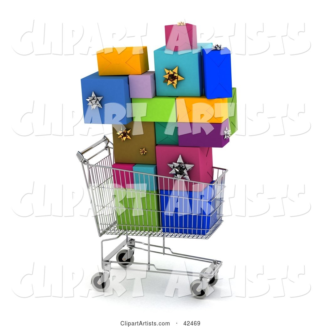 Shopping Cart Carrying a Stack of Colorful Gifts