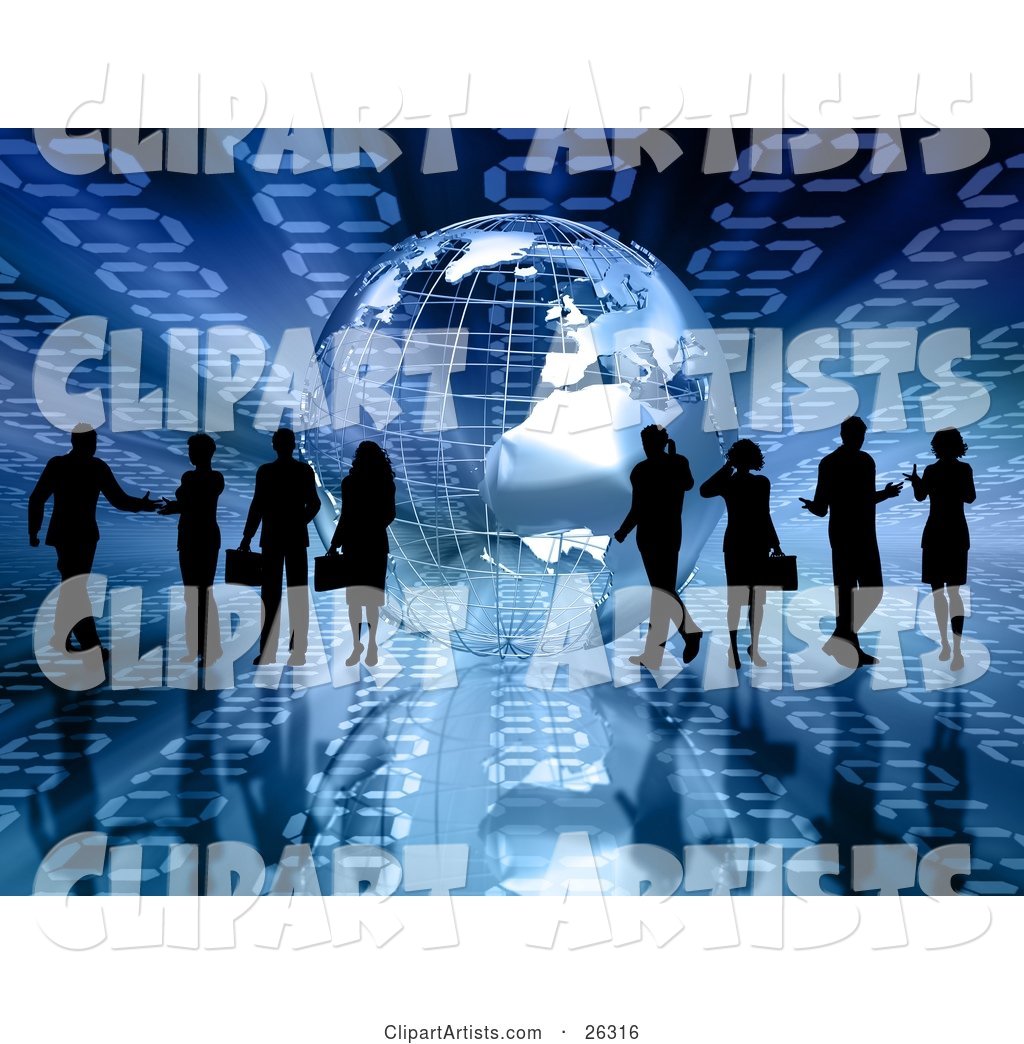 Silhouetted Businesspeople Talking to Others or on Cell Phones near a Silver Wire Frame Globe on a Blue Binary Background