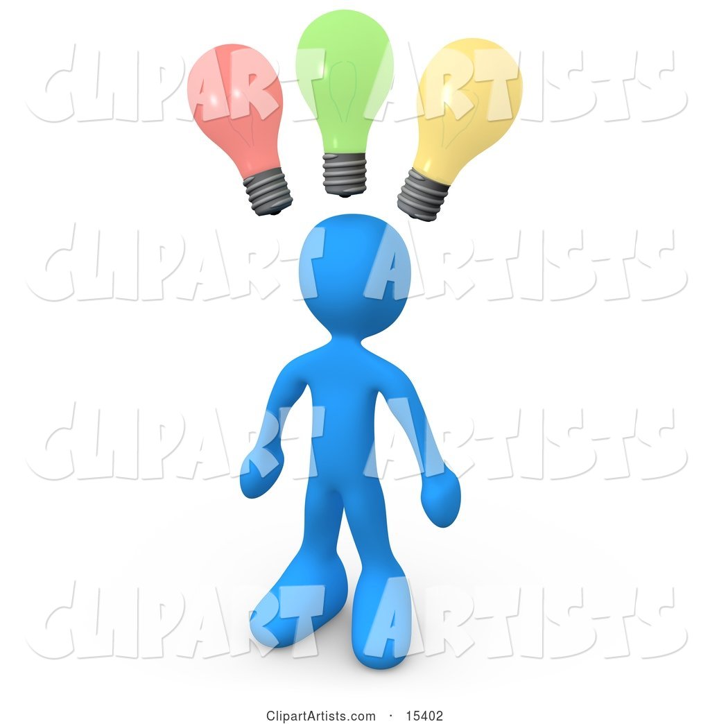 Smart and Creative Blue Man with Different Colored Lightbulbs Symbolizing Ideas Above His Head