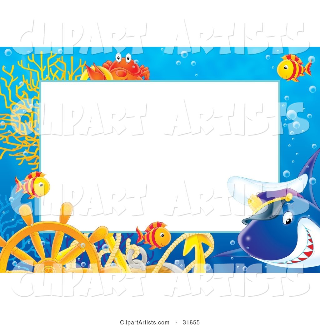 Stationery Border or Frame with a Captain Shark, Marine Fish, Anchor, Helm and Crab