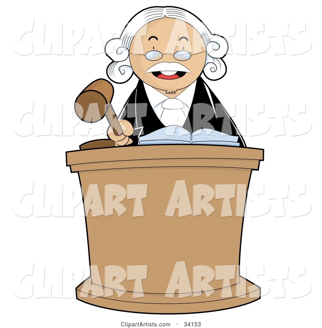Stern Male Judge in a White Wig, Standing Behind a Podium and Banging His Gavel During Court