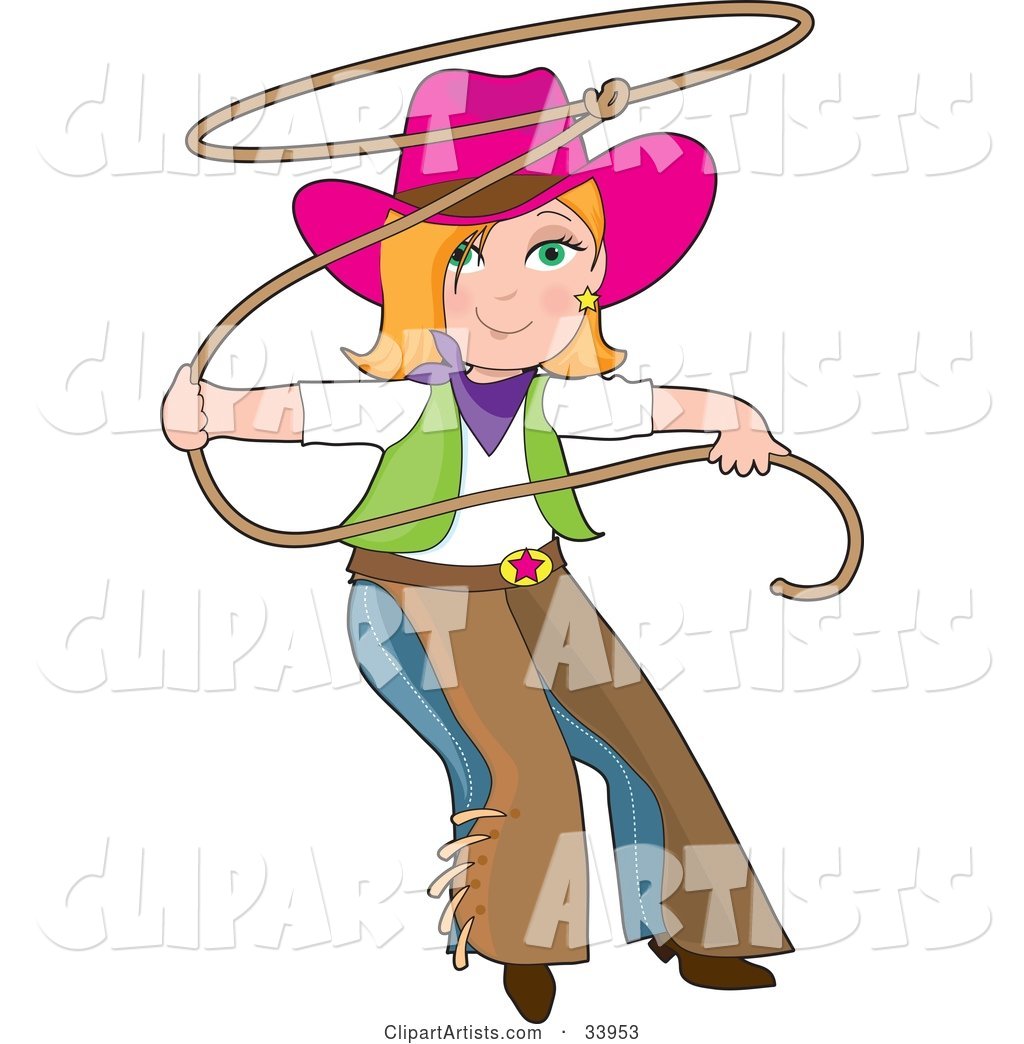 Teenage Cowgirl in Chaps and a Pink Hat, Swinging a Lasso