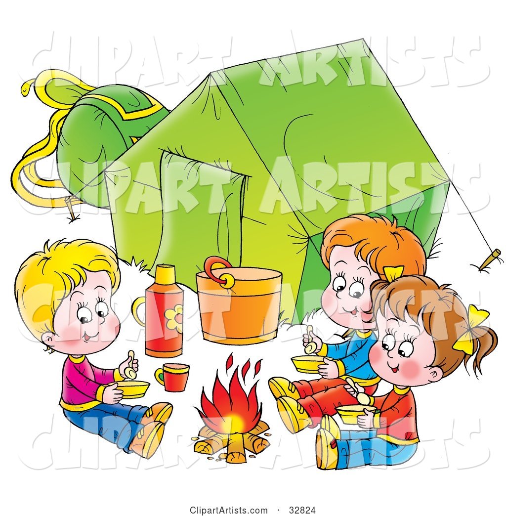 Three Kids Eating Around a Campfire Outside Their Green Tent, on a White Background