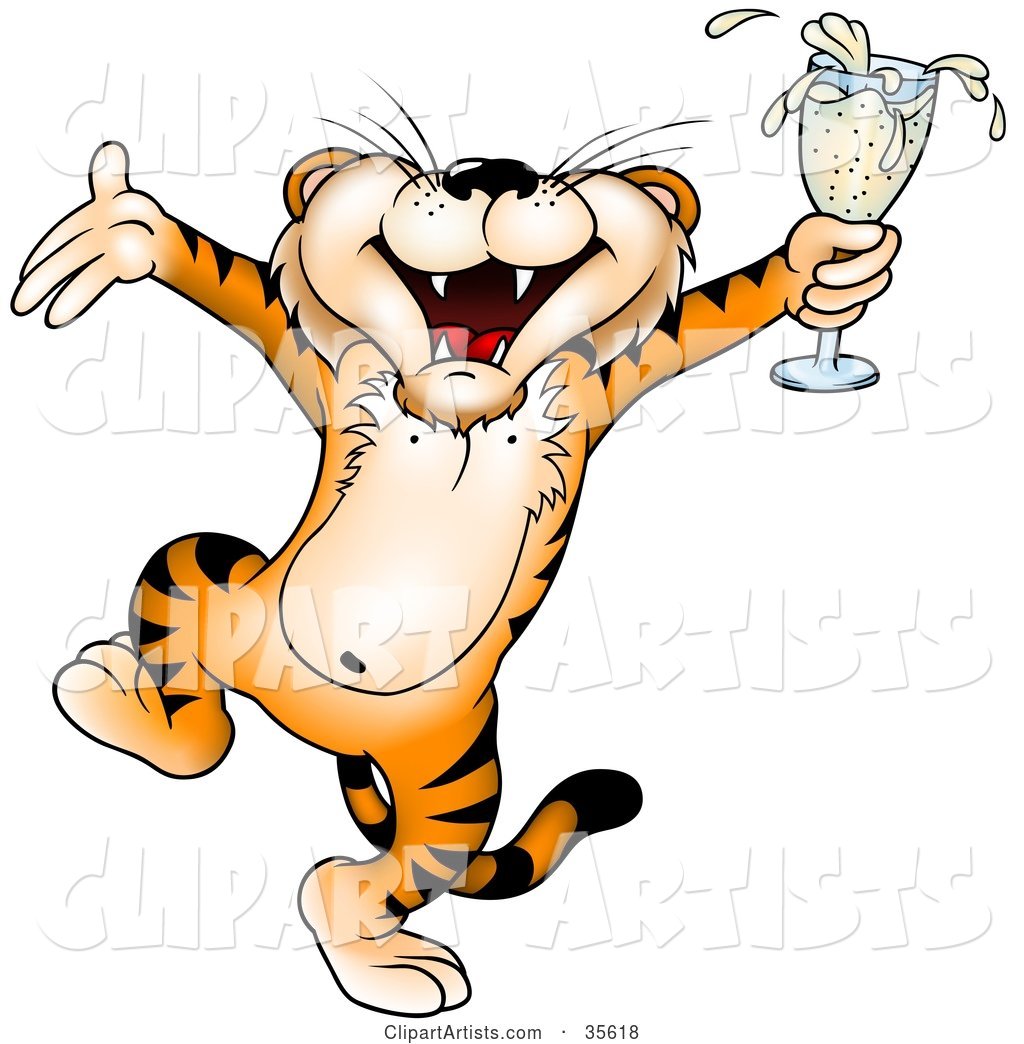 Tipsy Tiger Dancing and Holding a Glass of Champagne at a Party