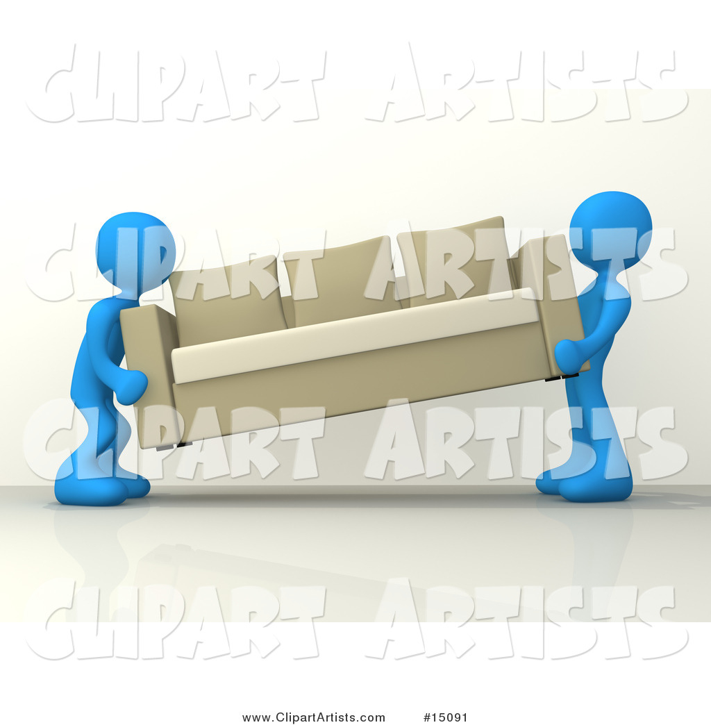 Two Blue Male Figures Lifting and Carrying Away a Tan Couch While Moving