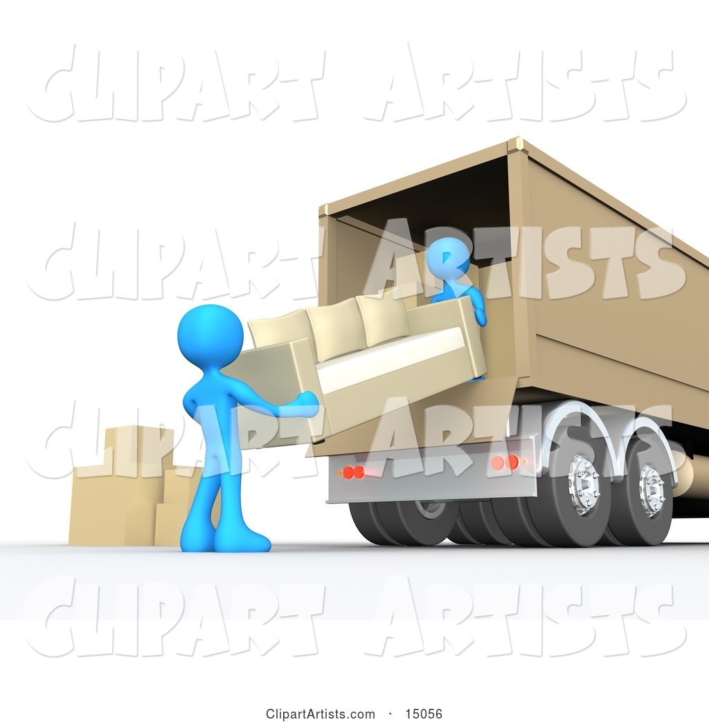 Two Blue Male Figures Lifting and Loading or Unloading a Beige Living Room Sofa and Boxes into a Brown Moving Truck
