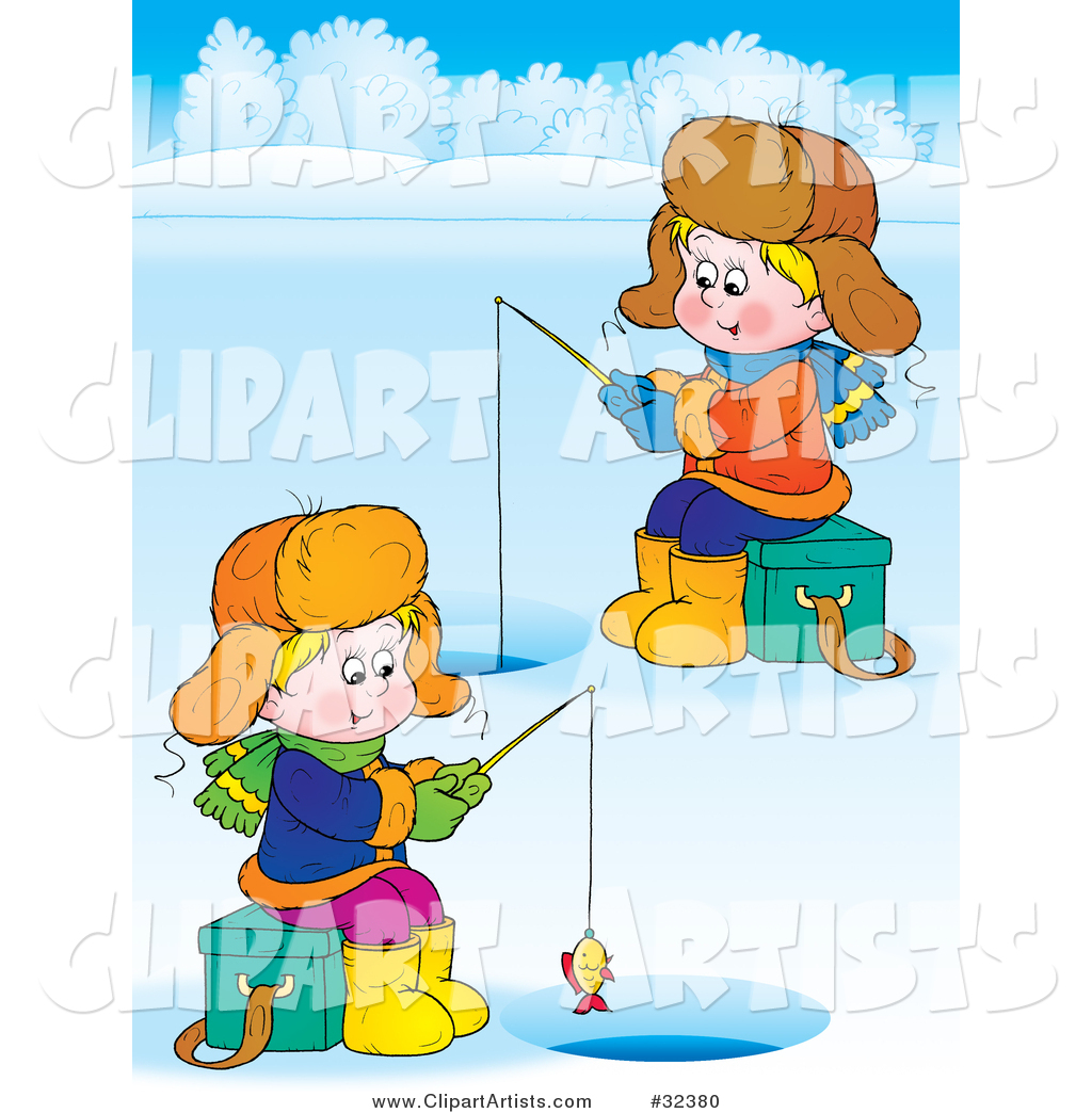 Two Boys Ice Fishing on a Frozen Lake